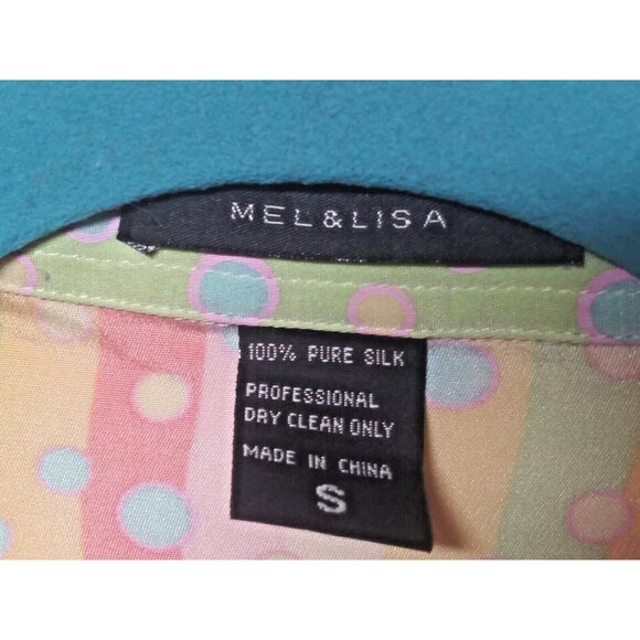 VTG Silk Blouse top Mel & Lisa Sz S Oversized multicolor stripes polka dot Flaw - Picture 6 of 9